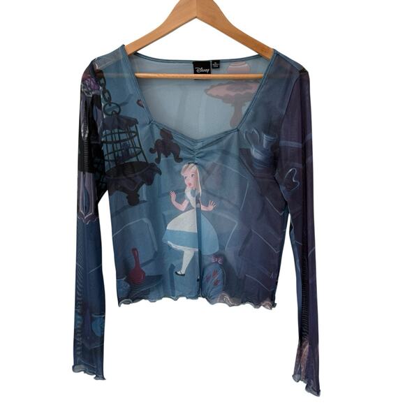 Disney Alice in Wonderland Mesh Graphic Crop Top Sz XL Long Sleeve Ruched Ruffle - Picture 1 of 8
